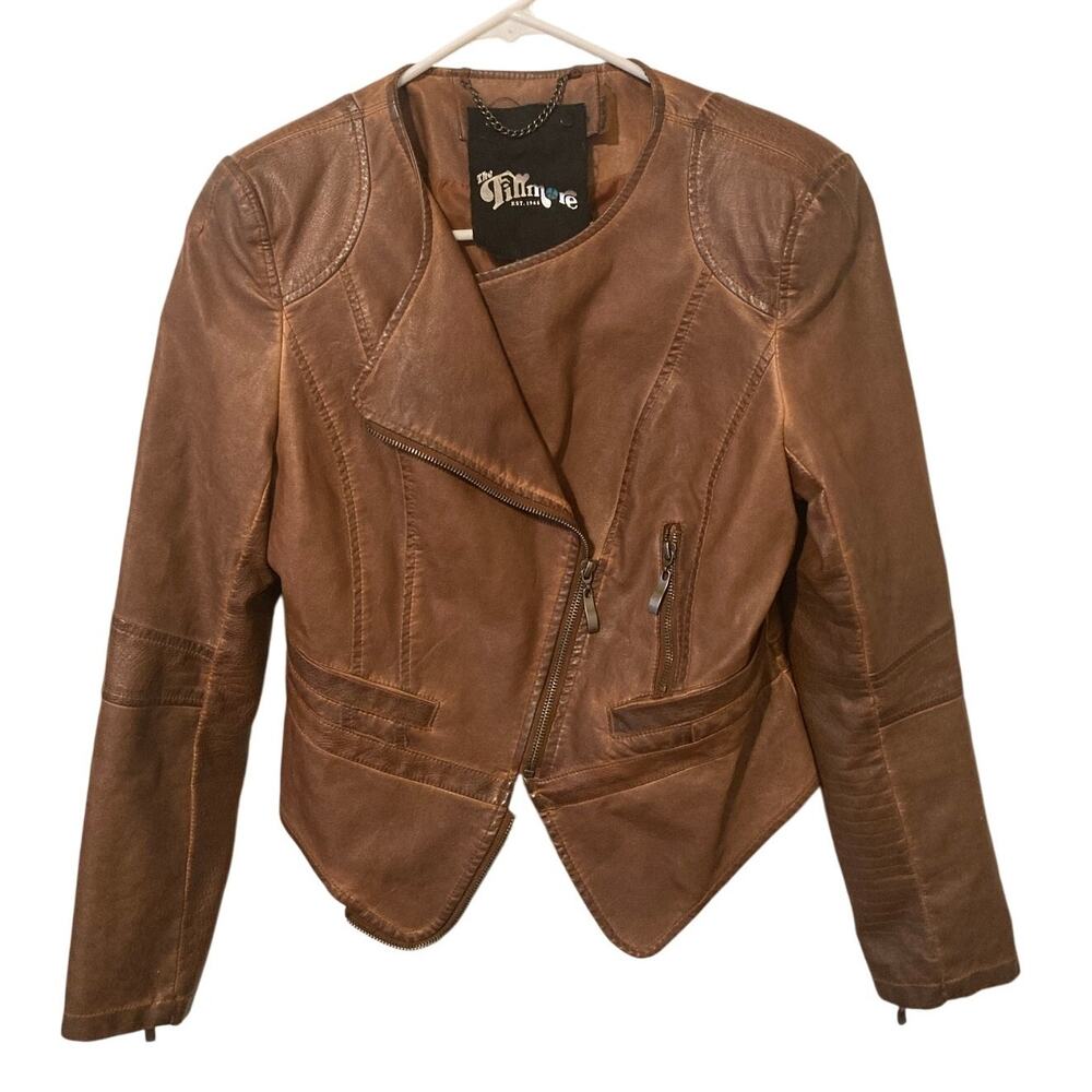 The Fillmore Faux Leather Cropped Women's Biker Jacket Coat Brown, Size M